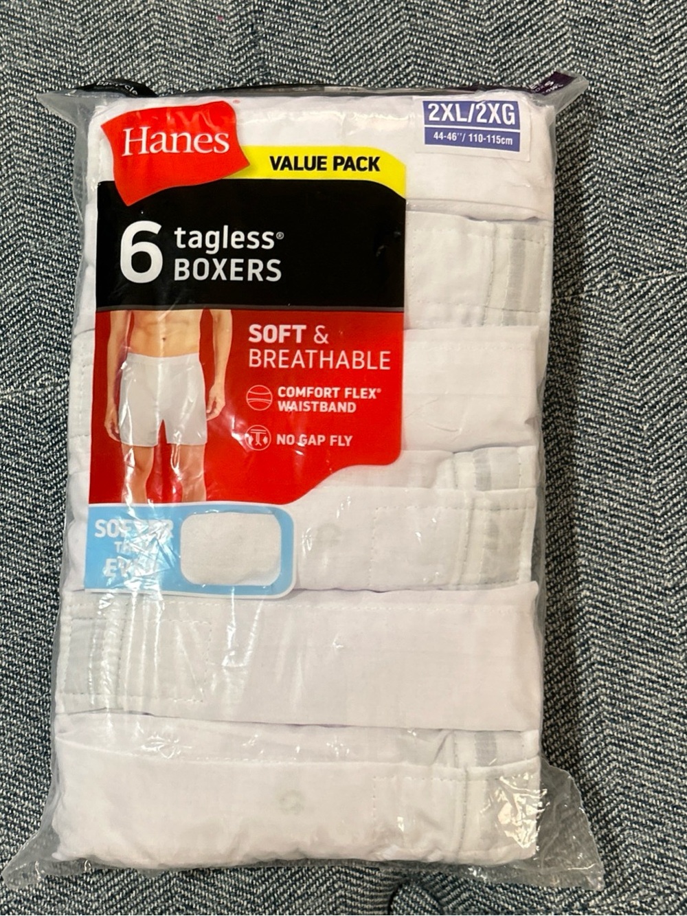 Hanes 6-Pack Men's Tag-Free White Woven Boxer Underwear, 2XL 44-46”- New
